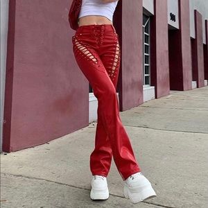 *NEW W TAGS* Faux Leather Lace up Pants in Red